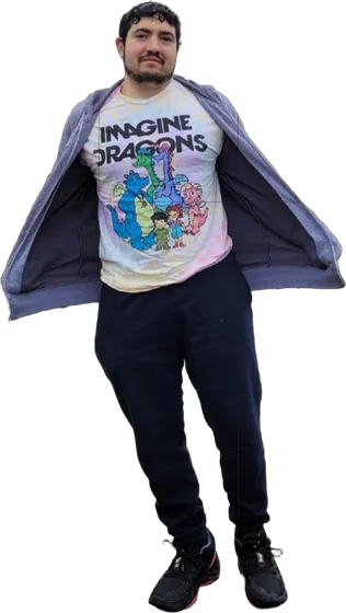 Jon Elias holding his jacket open on an Imagine Dragons T-shirt