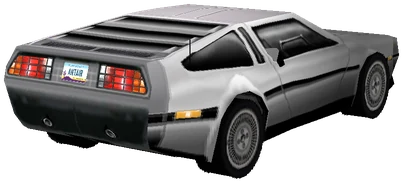 A stainless steel 1982 DeLorean DMC-12, seen from the front corner